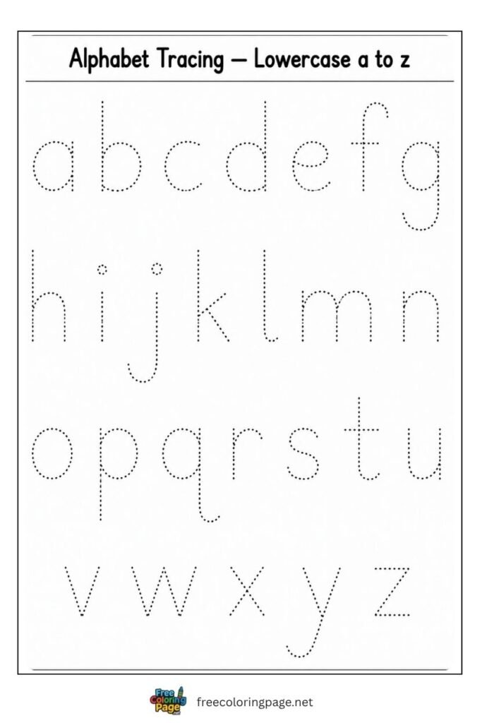 Full lowercase alphabet a to z tracing worksheet with dotted outlines, free printable for preschool and kindergarten