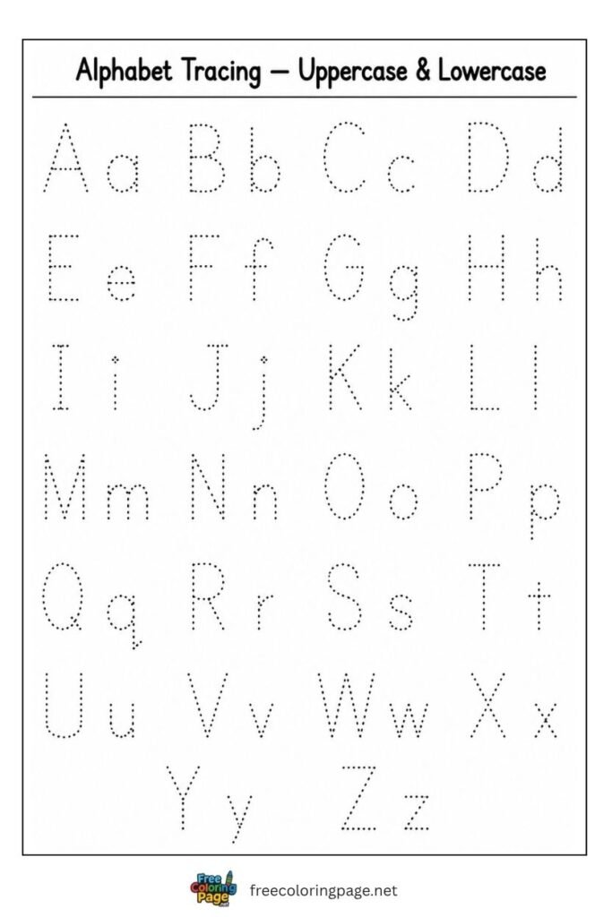 Full alphabet A to Z uppercase and lowercase combined tracing worksheet, free printable