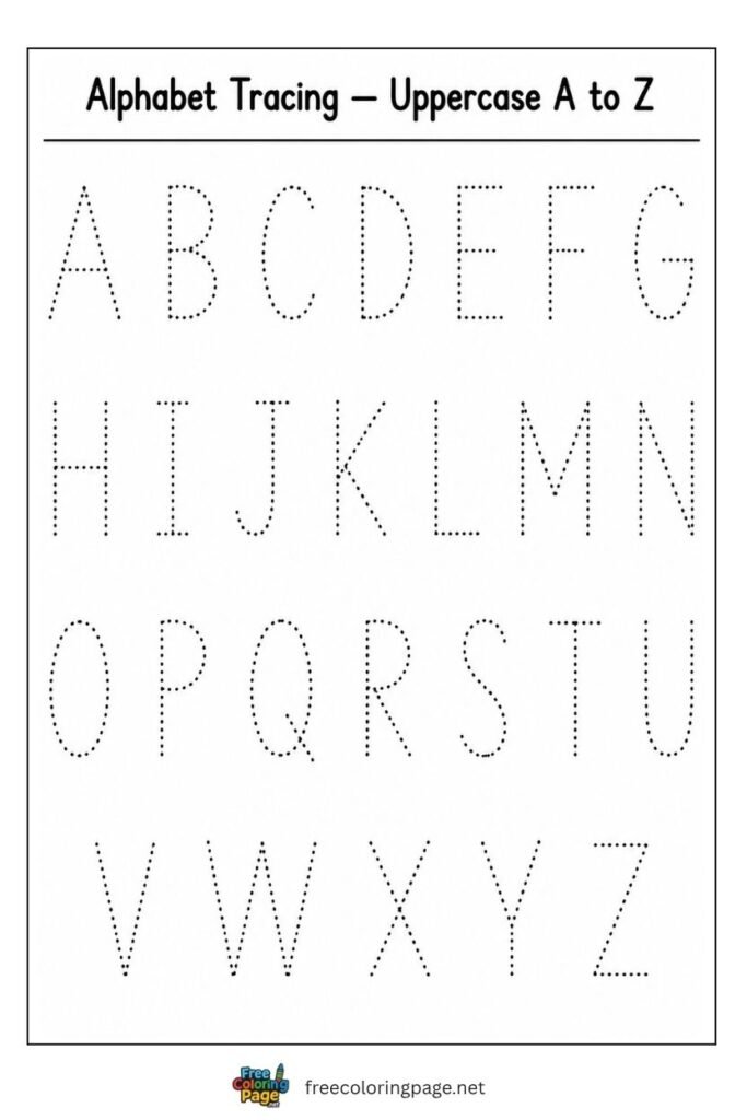 Full uppercase alphabet A to Z tracing worksheet with dotted outlines, free printable for preschool and kindergarten