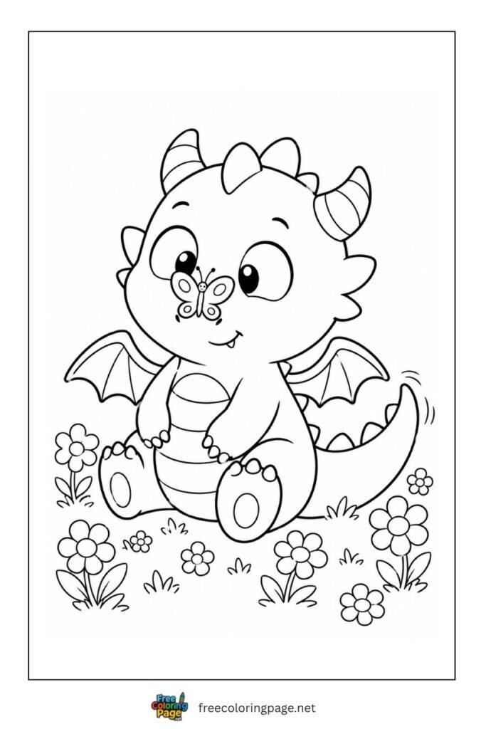 baby dragon with butterfly coloring page