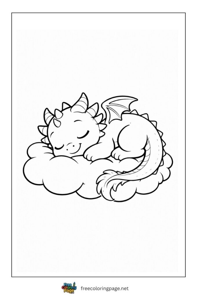 smiling baby dragon sleeping coloring page