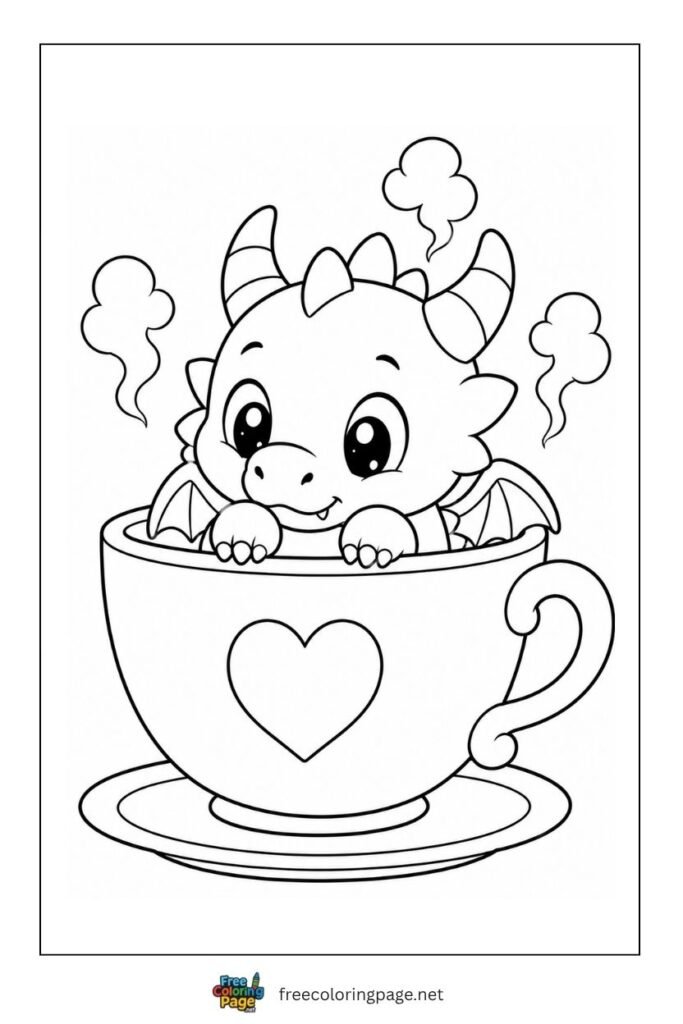 baby dragon in teacup coloring page