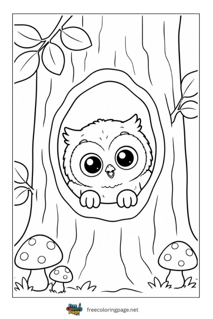 baby owl peeking from tree coloring page