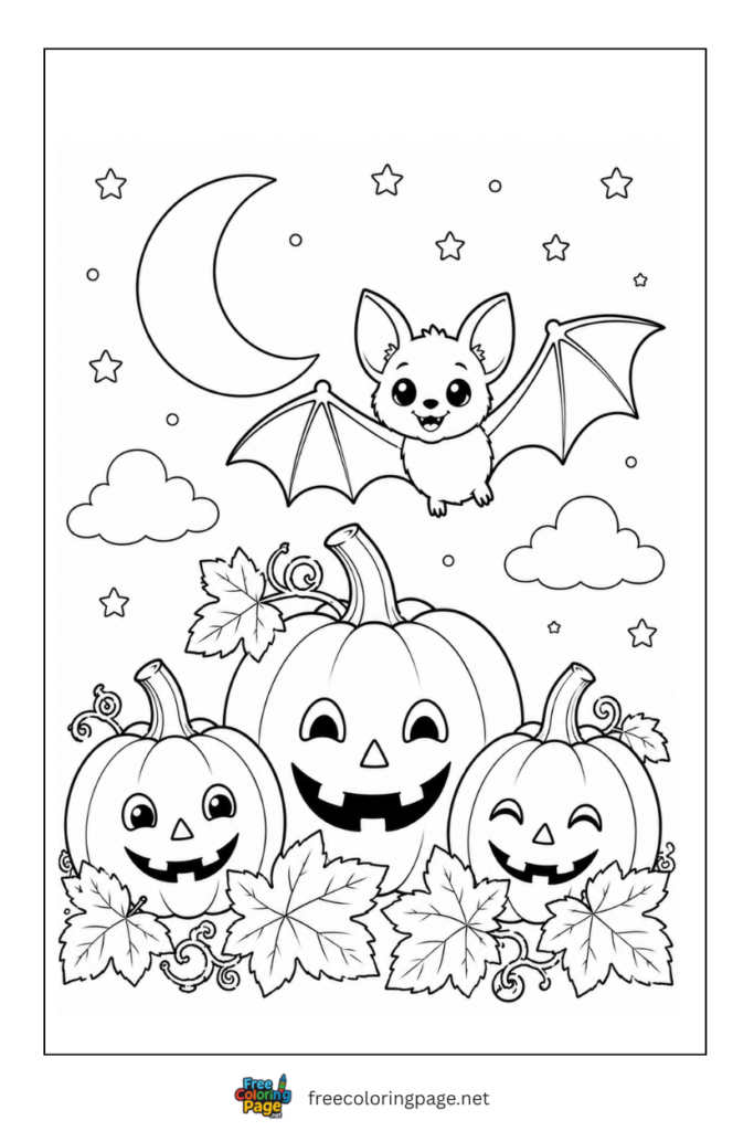 pumpkin with bat coloring page