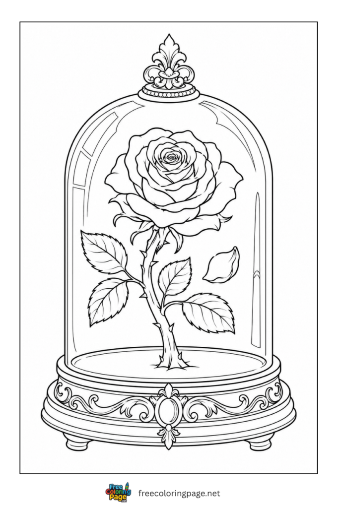 beauty and beast rose in jar coloring page- for adults