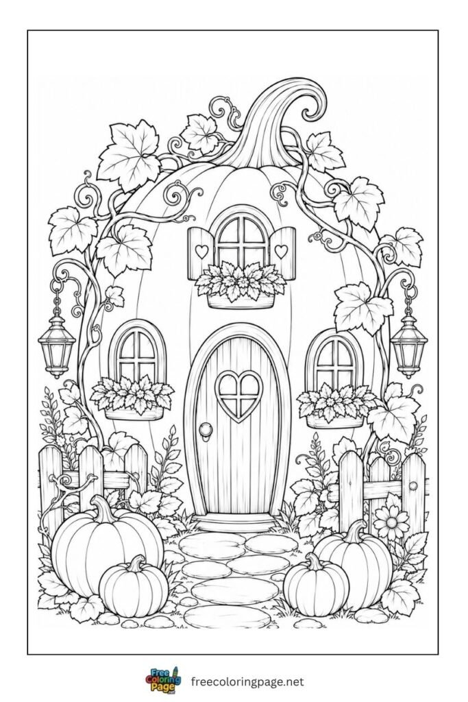 big pumpkin cottage coloring page for kids