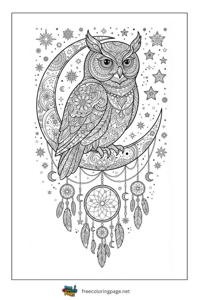 decorated owl sitting on moon coloring page