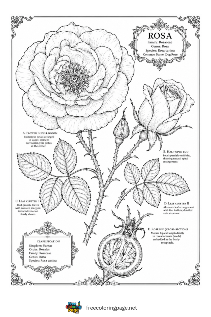botanical rose coloring page