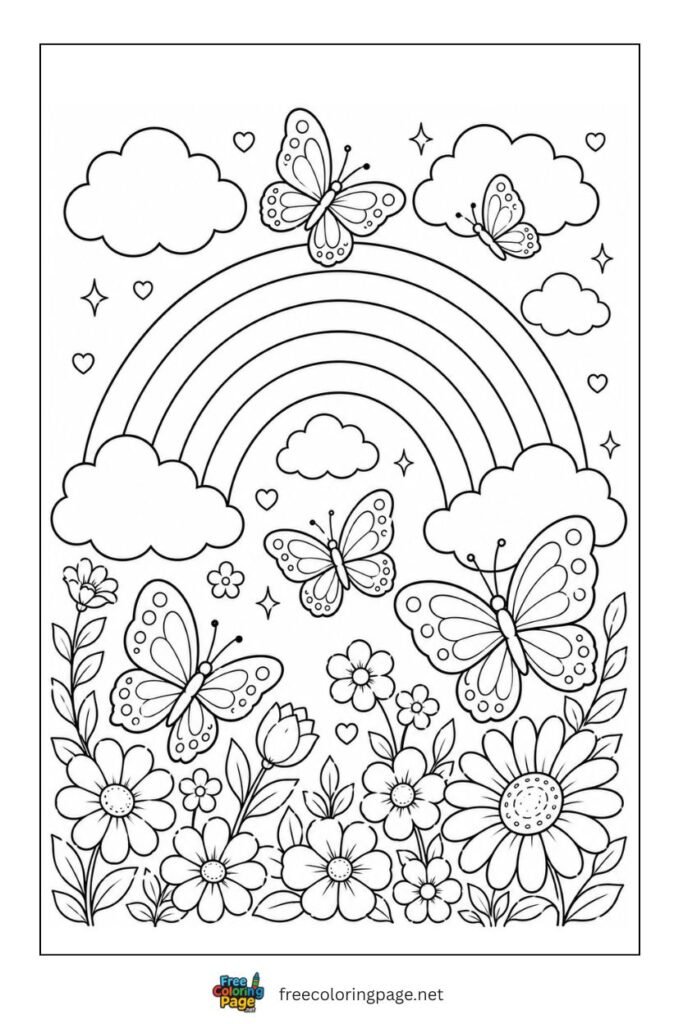 rainbow flowers and butterflies coloring page