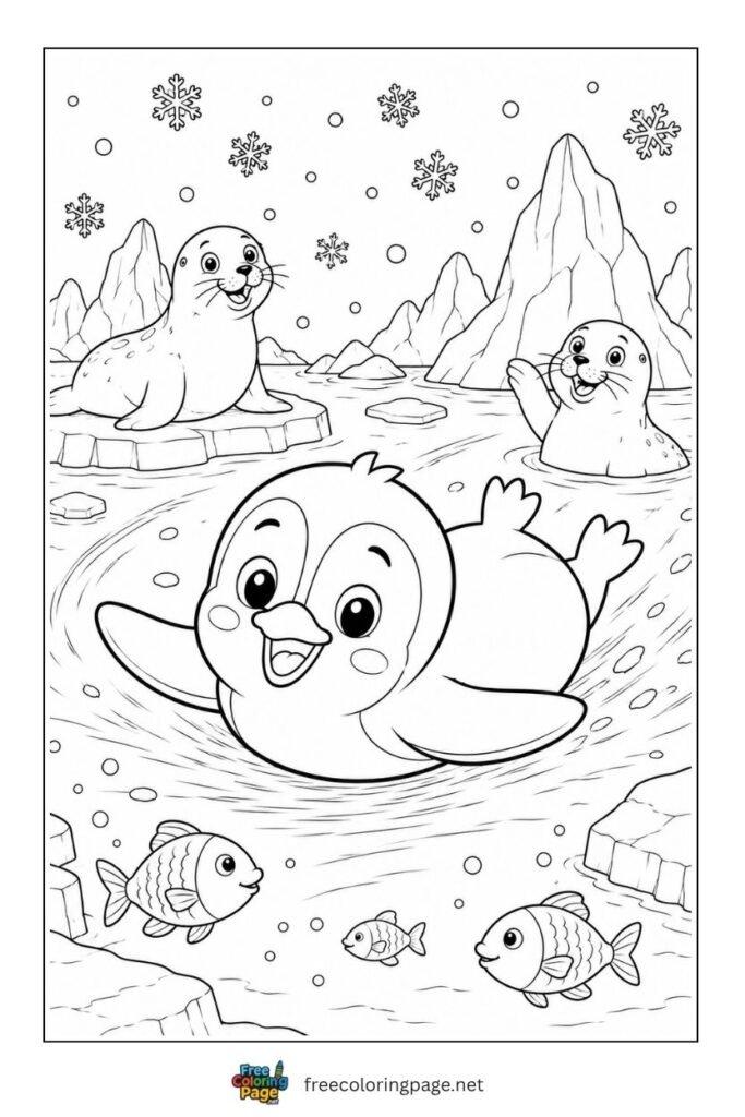 Cartoon penguin playing with animals coloring page
