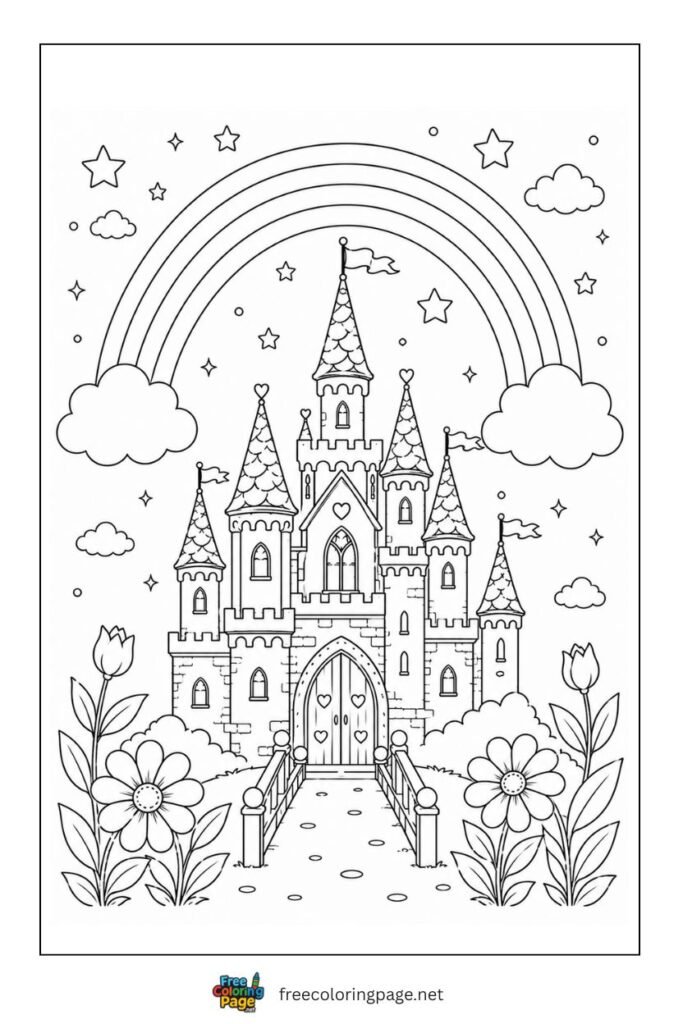 rainbow and castle coloring page
