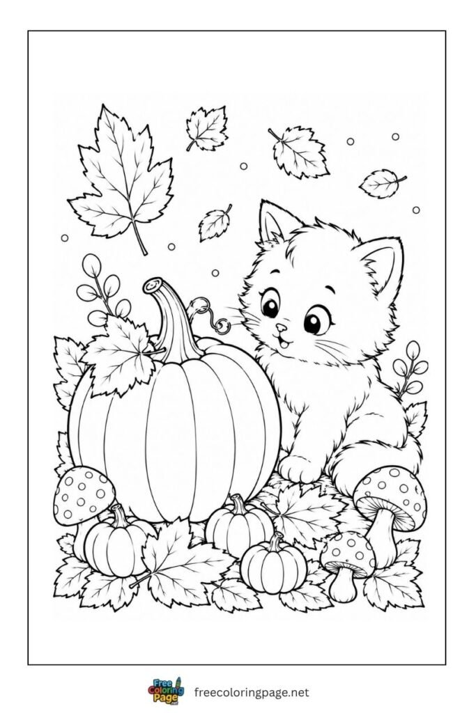 cat sitting beside pumpkin coloring page