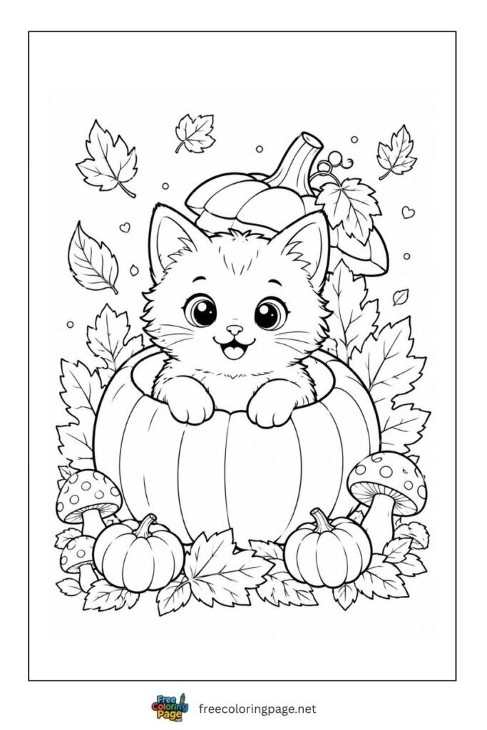cat inside the pumpkin coloring page