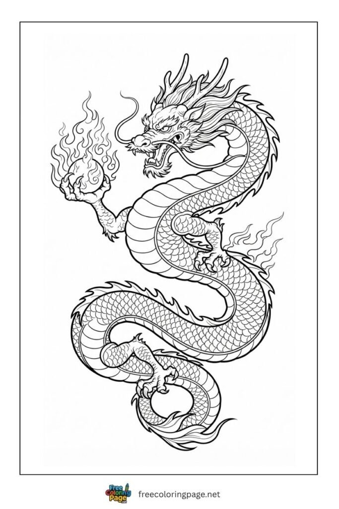 chinese dragon with fire ball coloring page