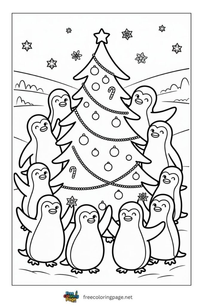 Penguins with christmas tree coloring page