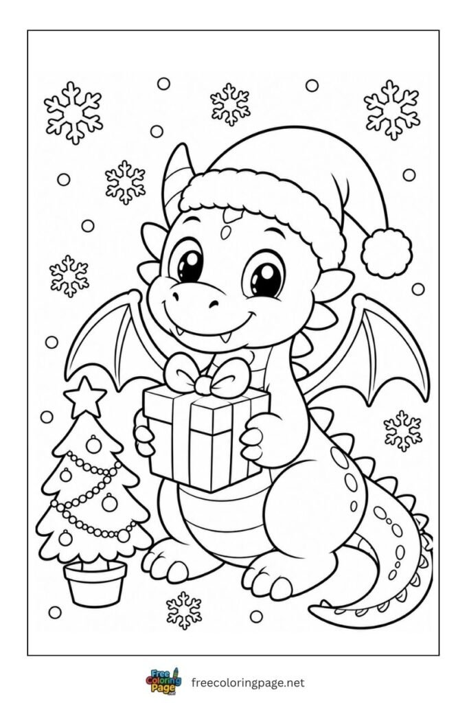 dragon with christmas gift coloring page