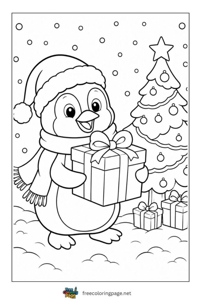 Penguin christmas coloring page