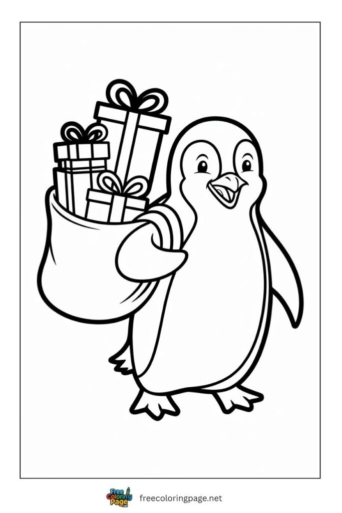 penguin with gifts bag coloring page