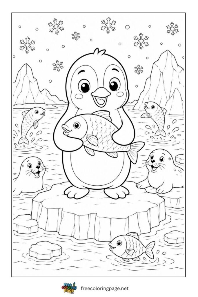 Cartoon penguin holding fish coloring page