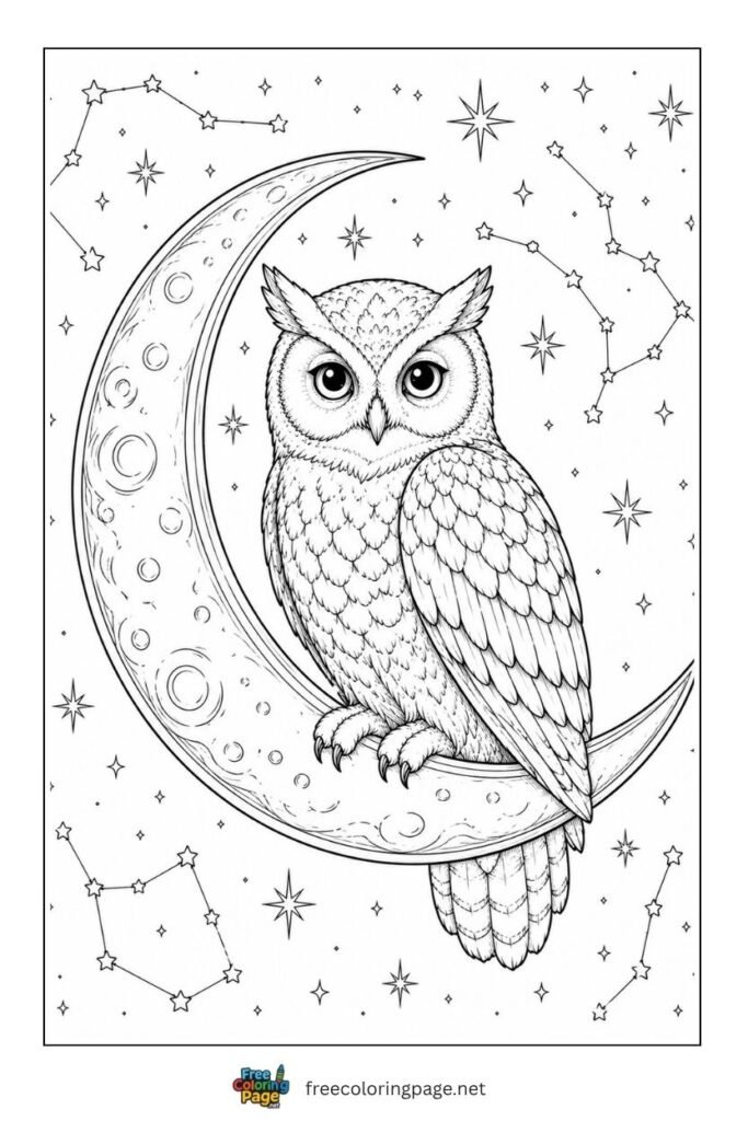 real owl pearched on moon coloring page