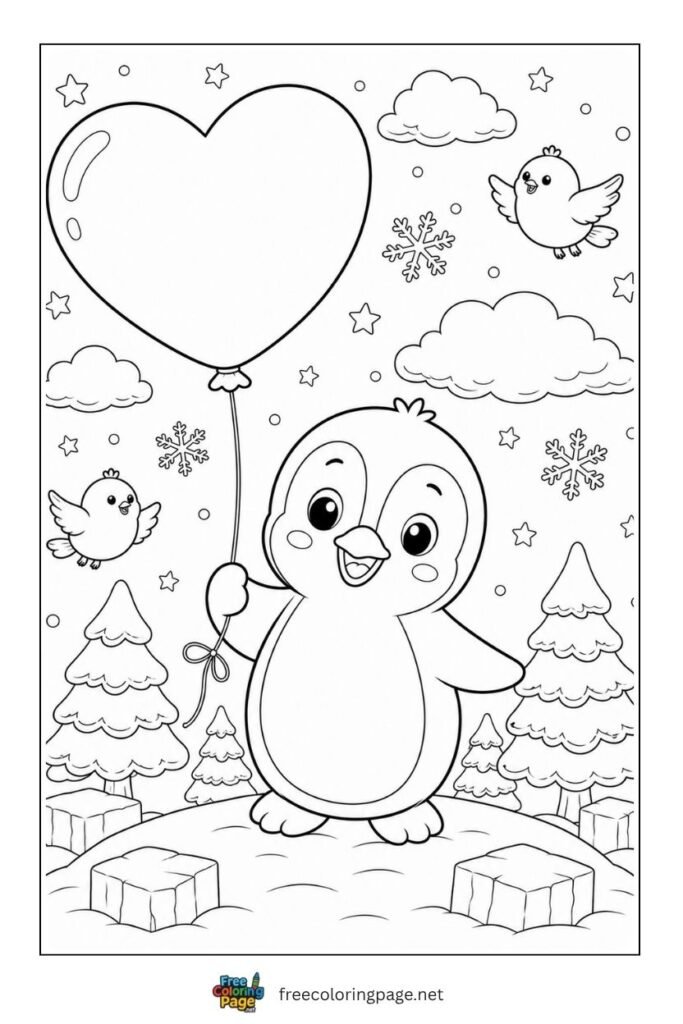Cartoon penguin with heart balloon coloring page 