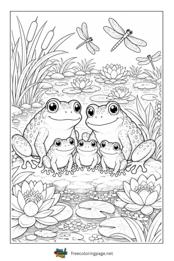cute frog family in pond coloring page