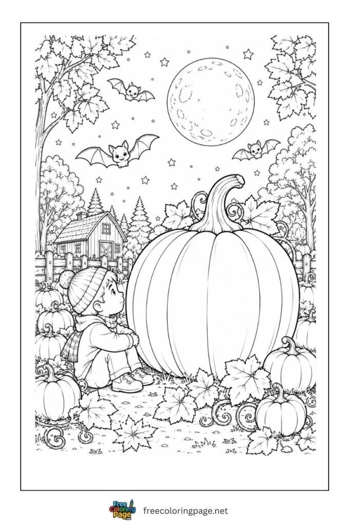 kid seeing big pumpkin coloring page