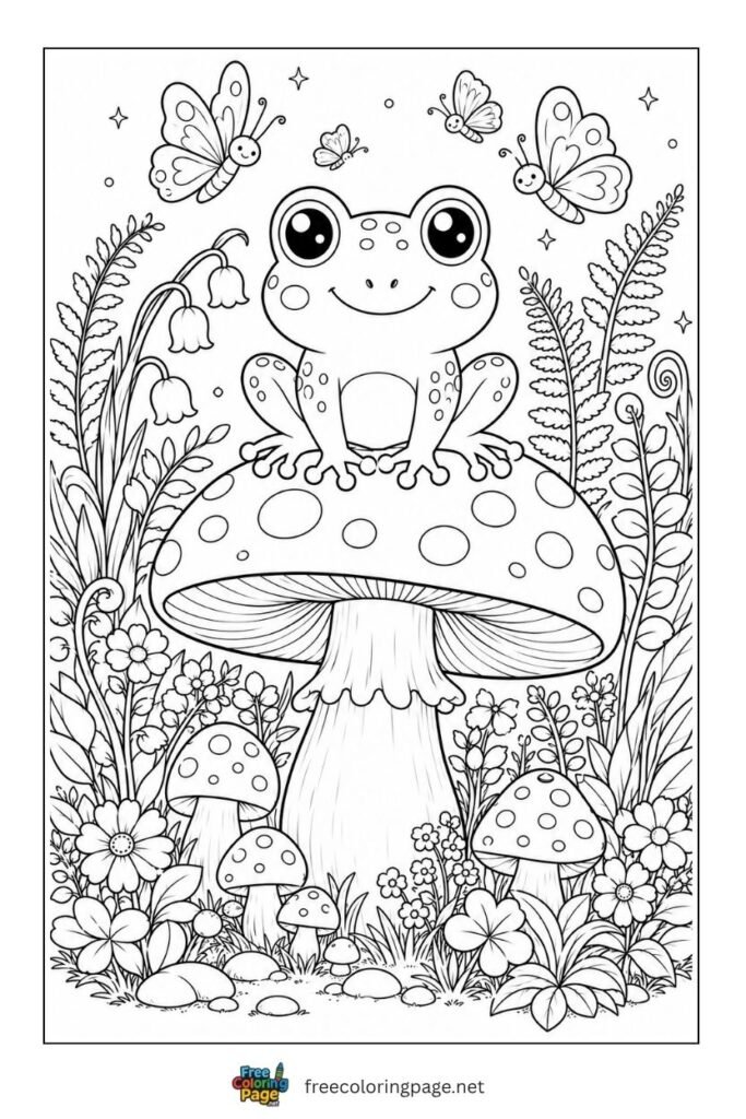 cute frog sitting on big mushroom coloring page