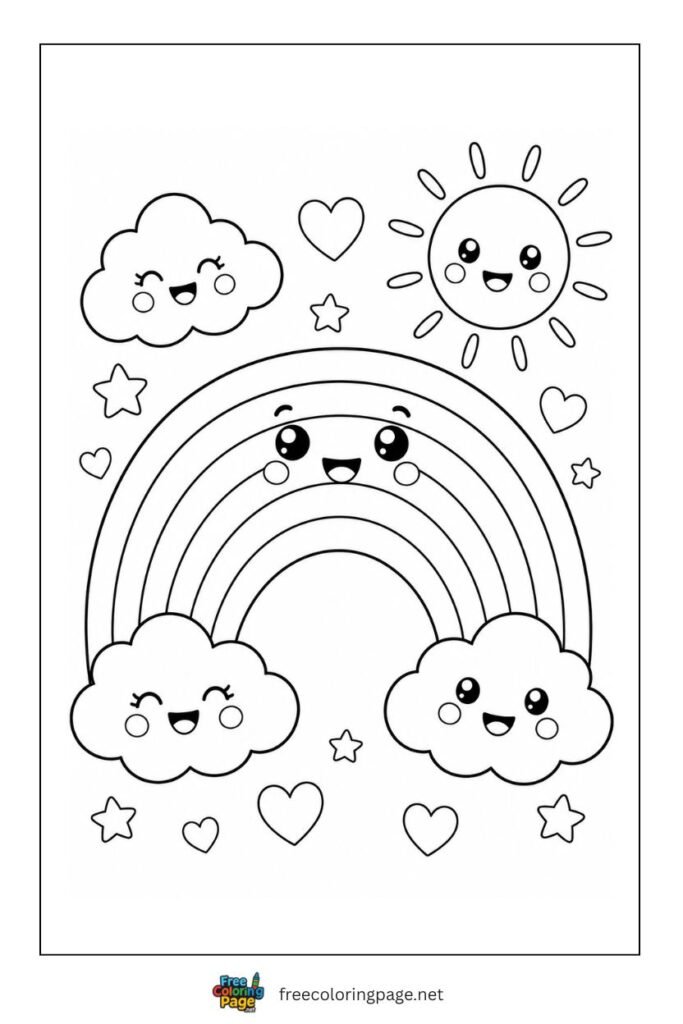 cute rainbow sun clouds coloring page for kids