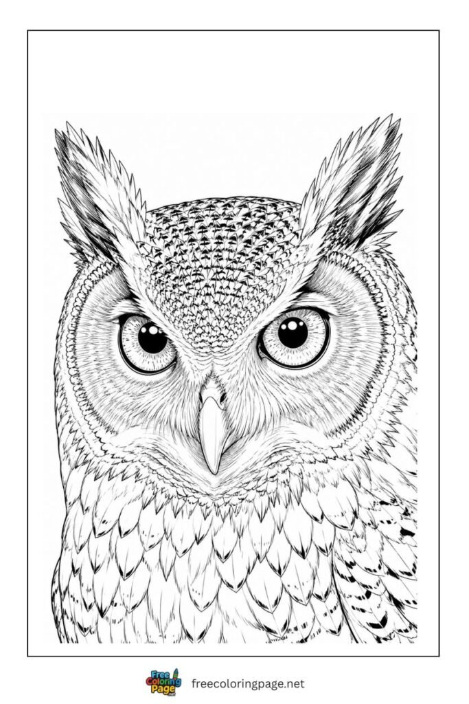 detailed closeup face owl coloring page