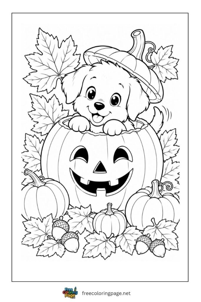 dog inside the pumpkin coloring page