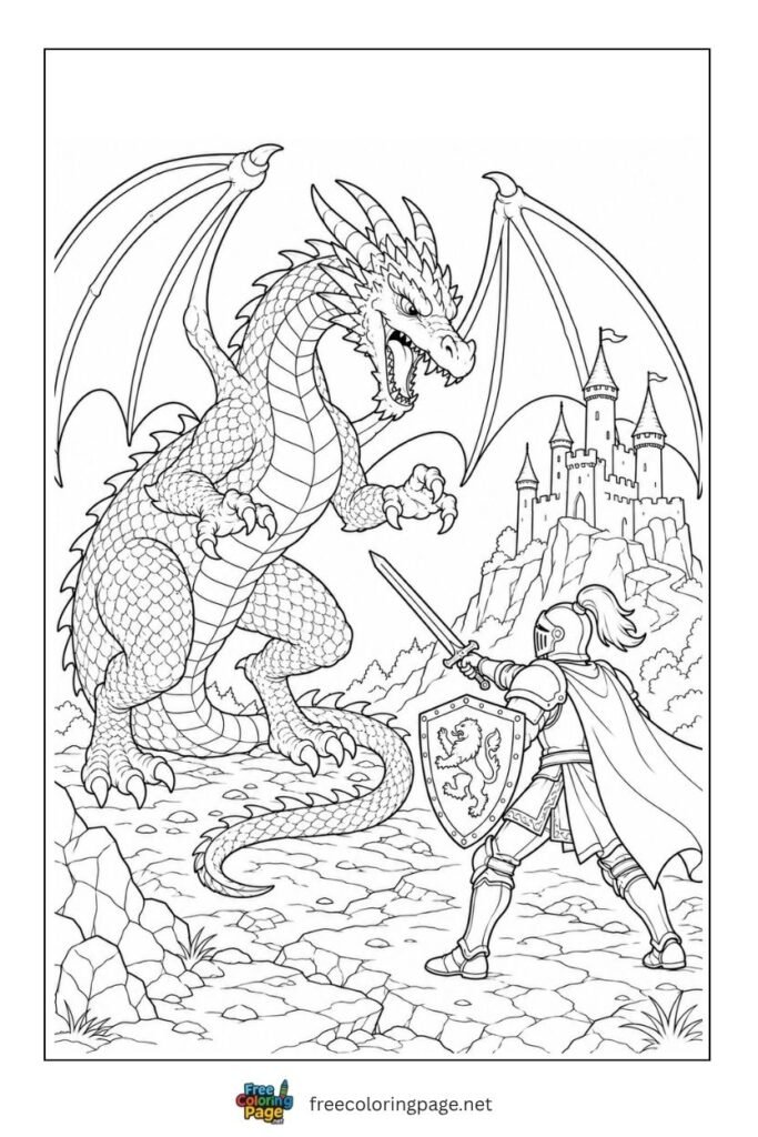fierce dragon and knight coloring page
