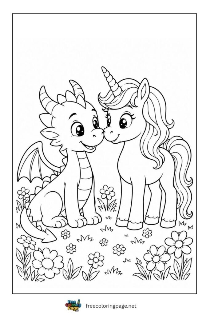 dragon with unicorn coloring page