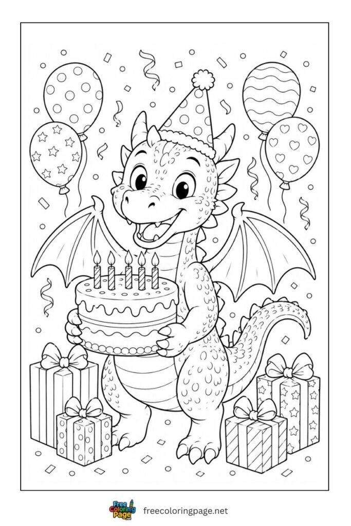 dragon with birthday cake coloring page