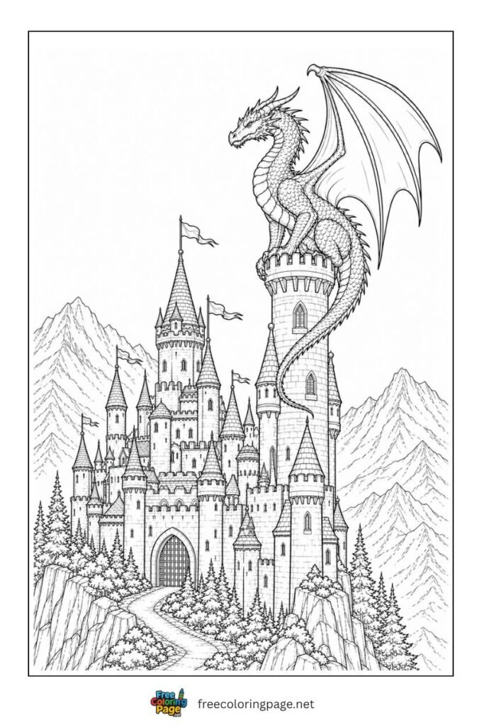 majestic dragon castle coloring page