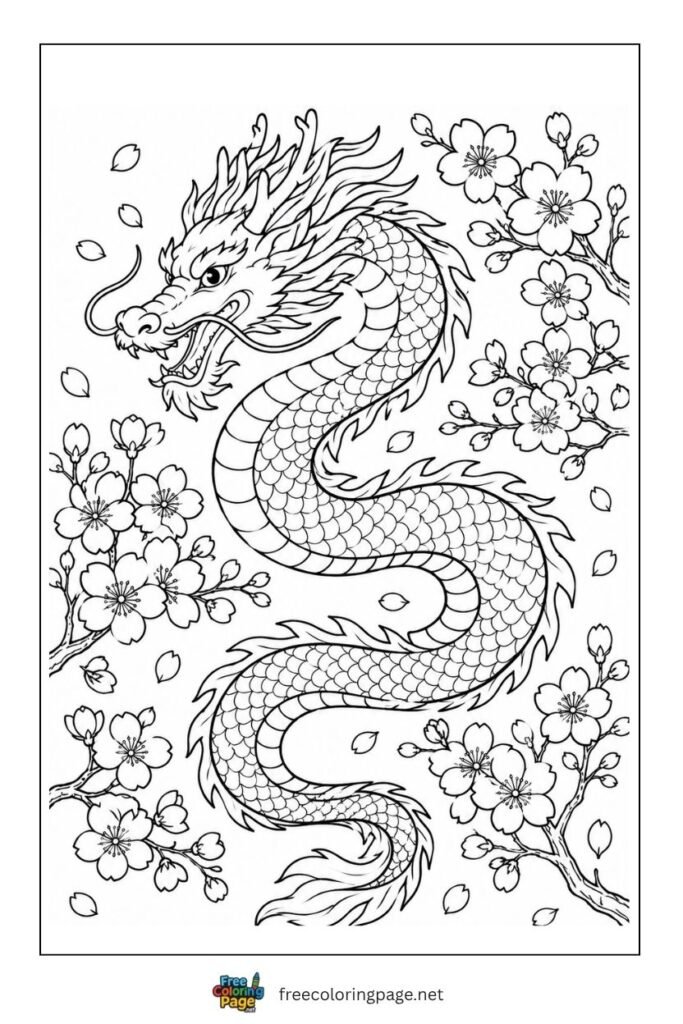 dragon in cherry blossom coloring page