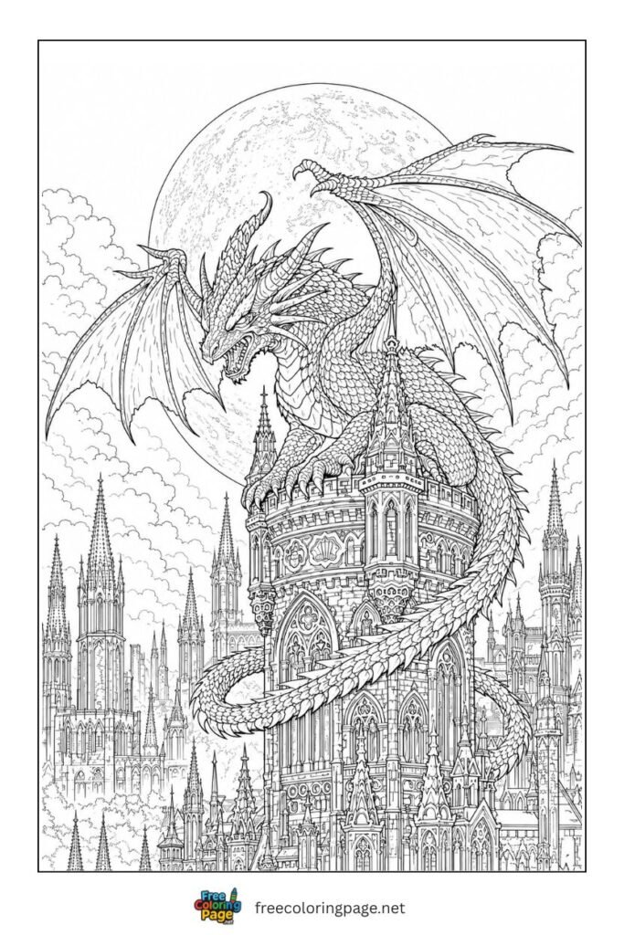 Angry dragon on building coloring page