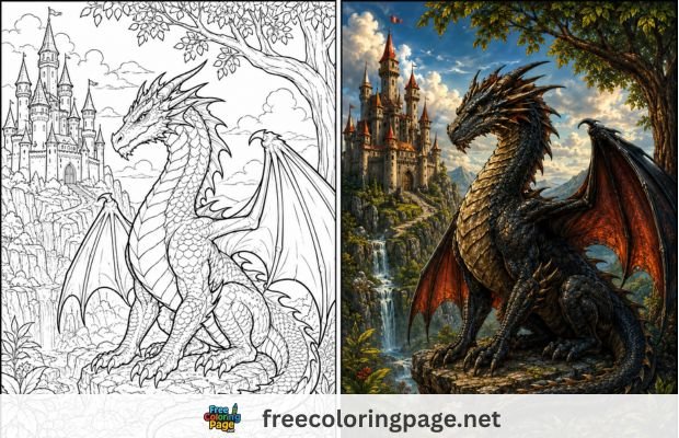 dragon coloring pages- colored vs drawing
