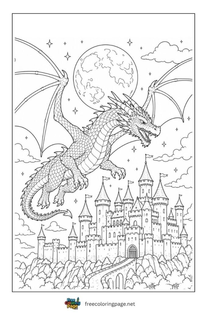 dragon flying over castle coloring page