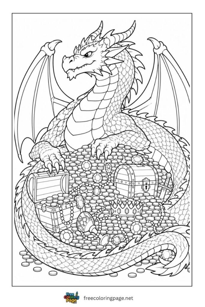 dragon protecting treasure coloring page