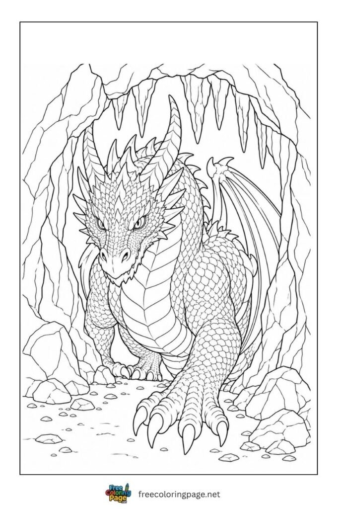 dragon emerging from cave coloring page