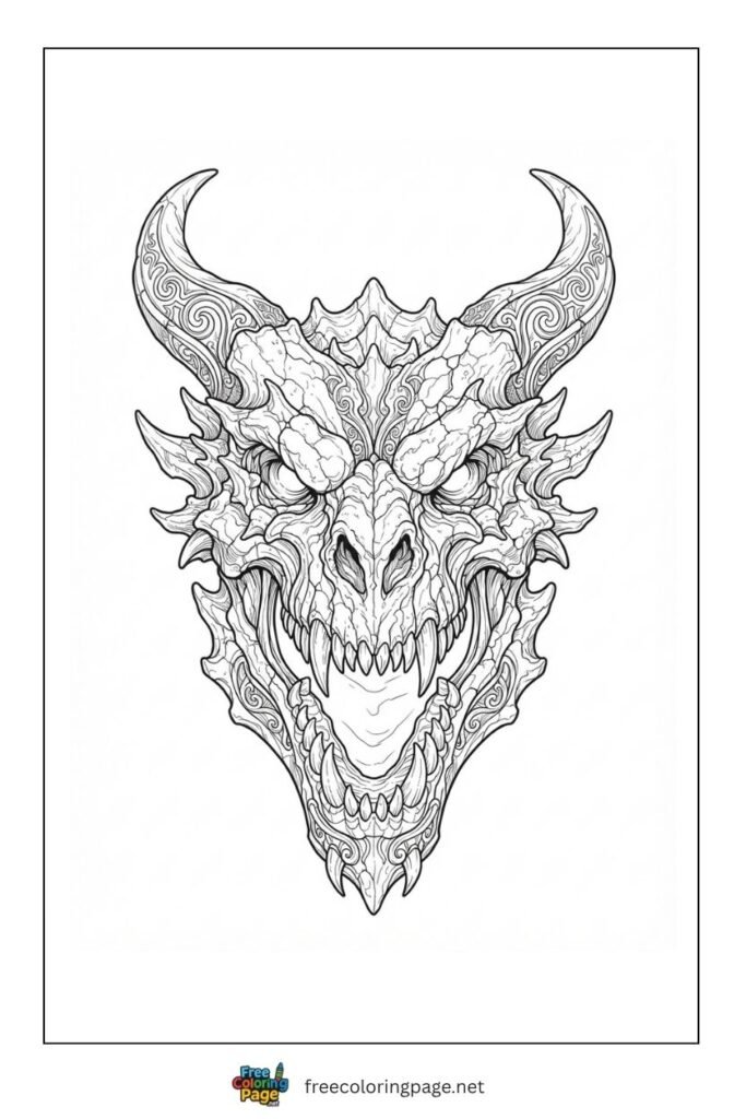 Realistic dragon skull coloring page