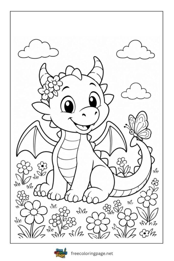 Cute Dragon with flowers coloring page