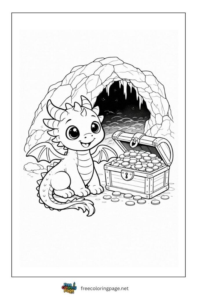 baby dragon with treasure coloring page