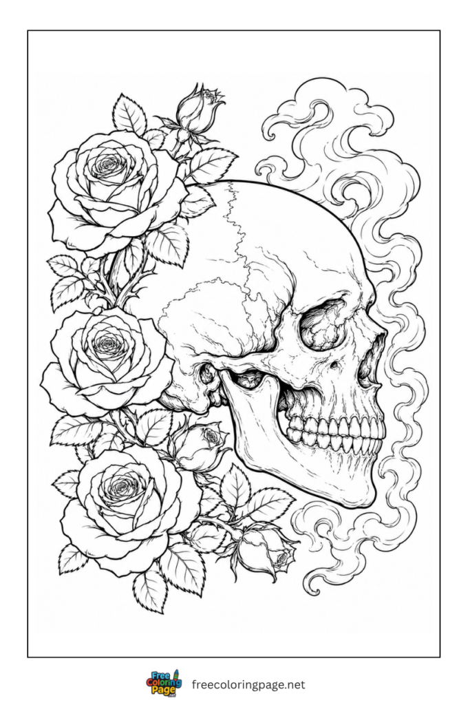 roses and fantasy skull coloring page