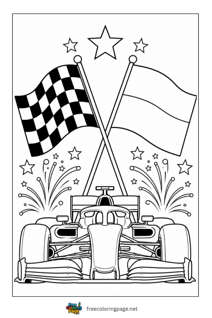 monaco flag and checkerd flag crossed above formula car coloring page