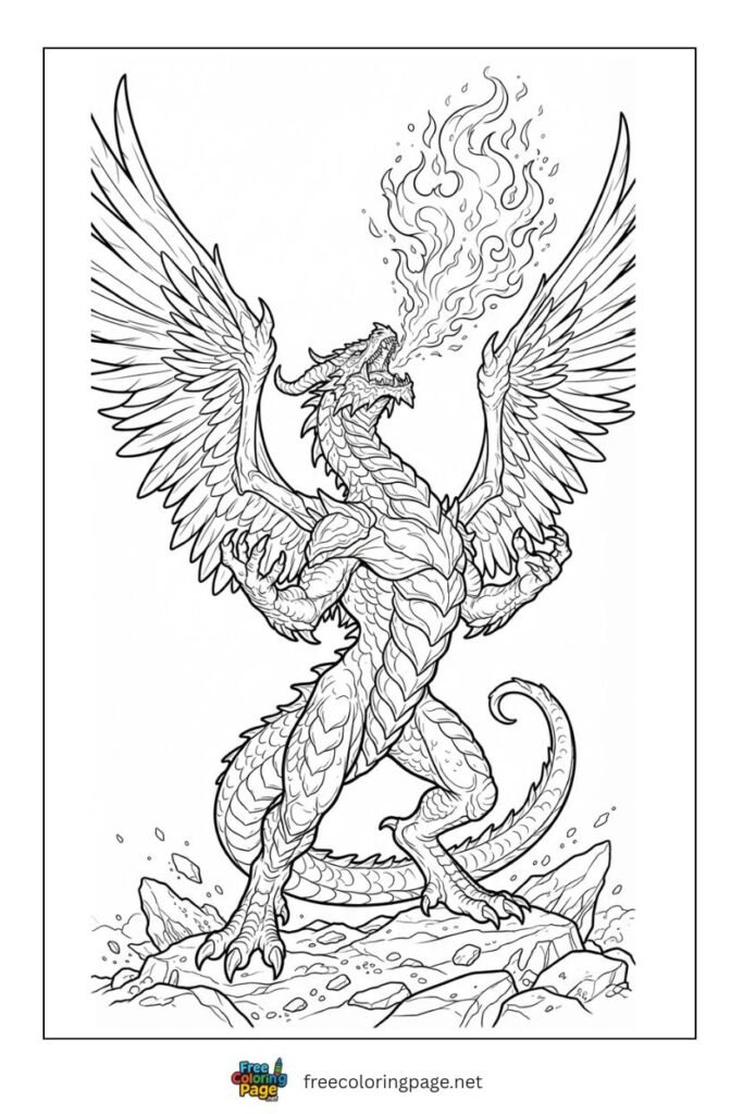 fire dragon breathing fire coloring page