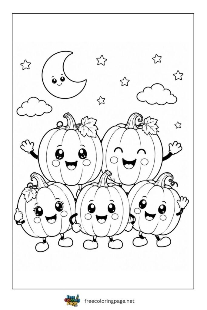 five little pumpkin characters coloring page