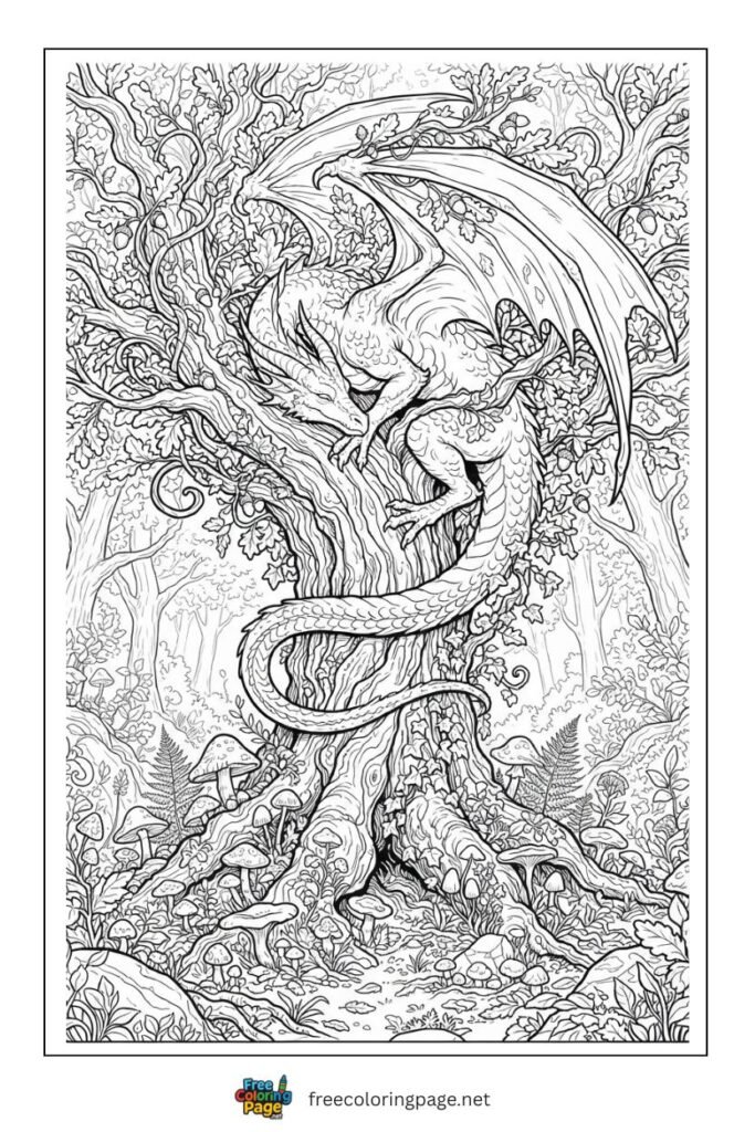 realistic dragon on tree coloring page