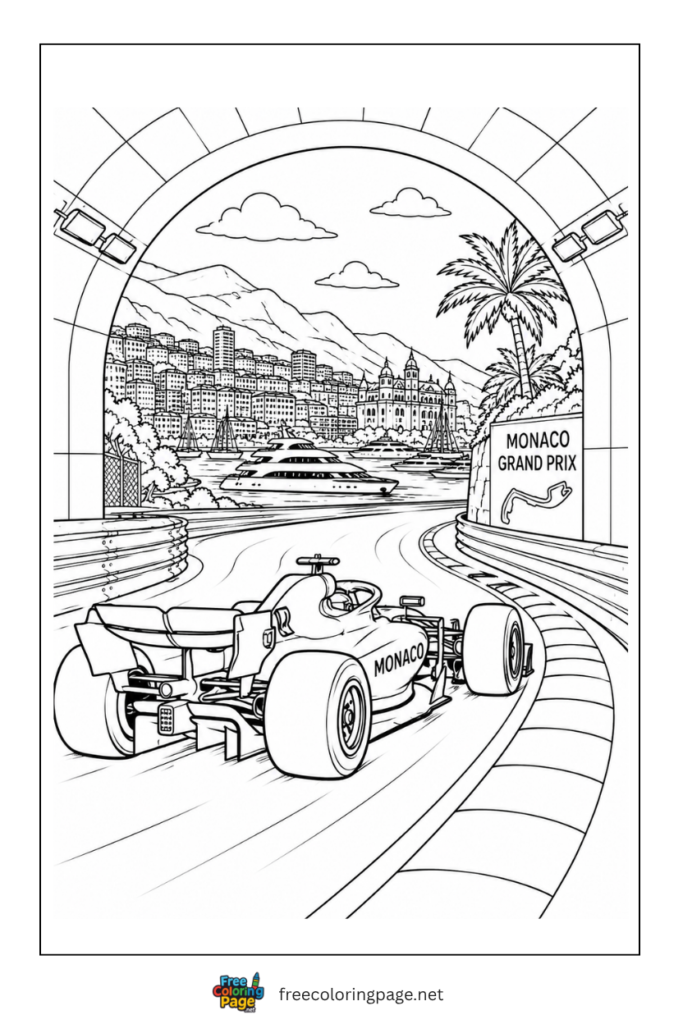 formula f1 race car exiting tunnel coloring page